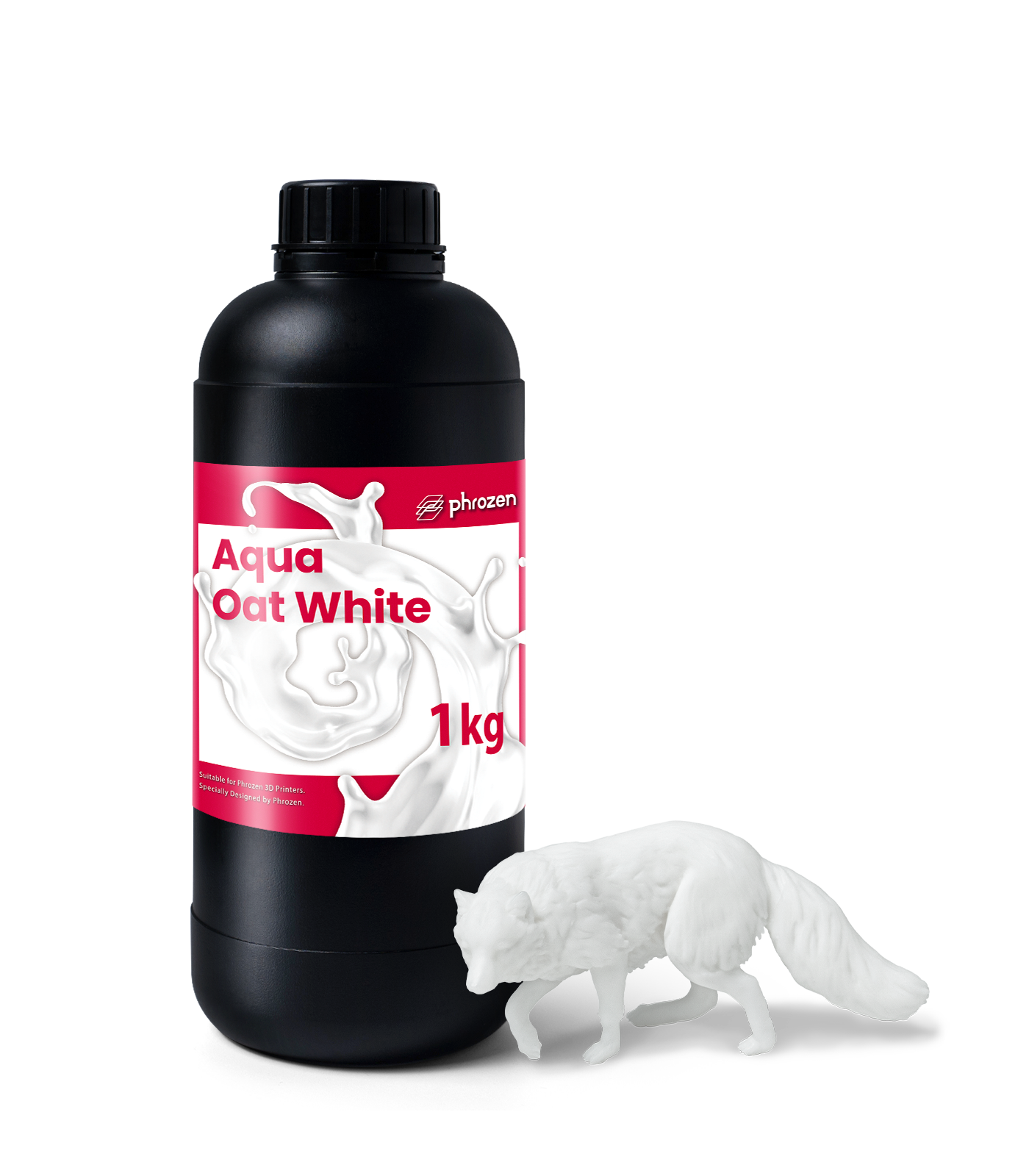 Phrozen Aqua Oat White 1kg resin bottle next to a white fox figure printed with the resin.